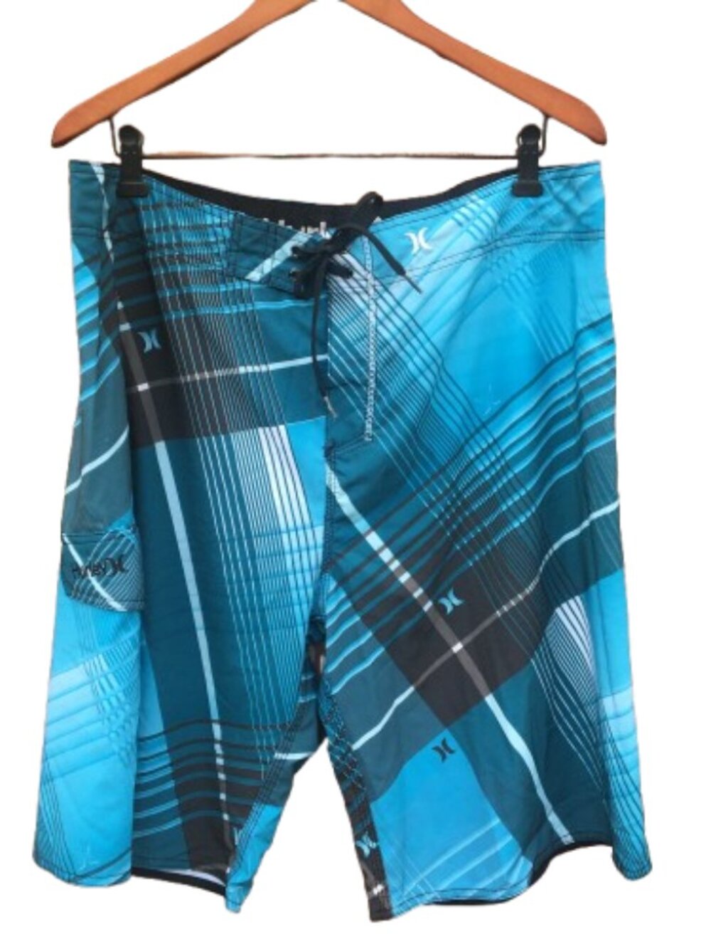 Hurley 24" Board Shorts Blue Plaid Cargo Pocket Swim Surf Men's Size 38
